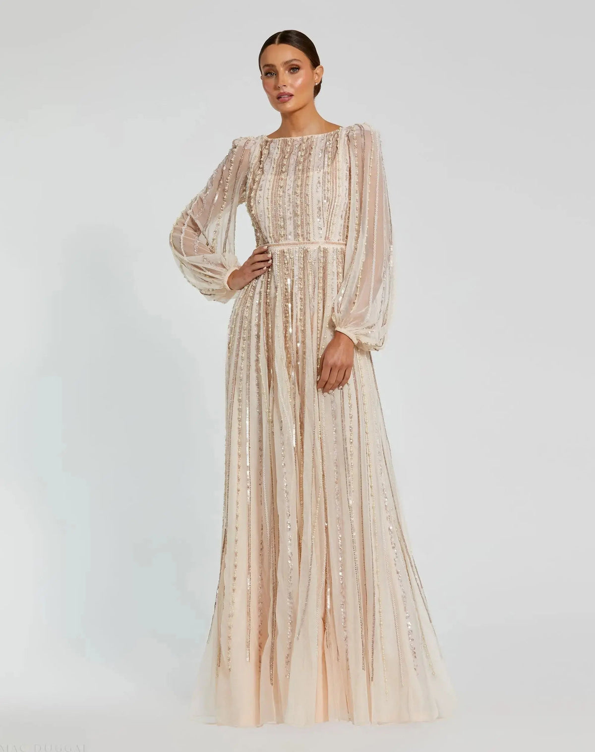 Pink Boat Neck Long Sleeve Gown With Striped Beading