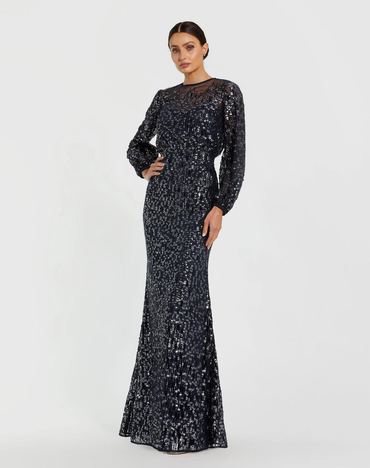 Navy Sequin Long Sleeve Blouson Evening Gown