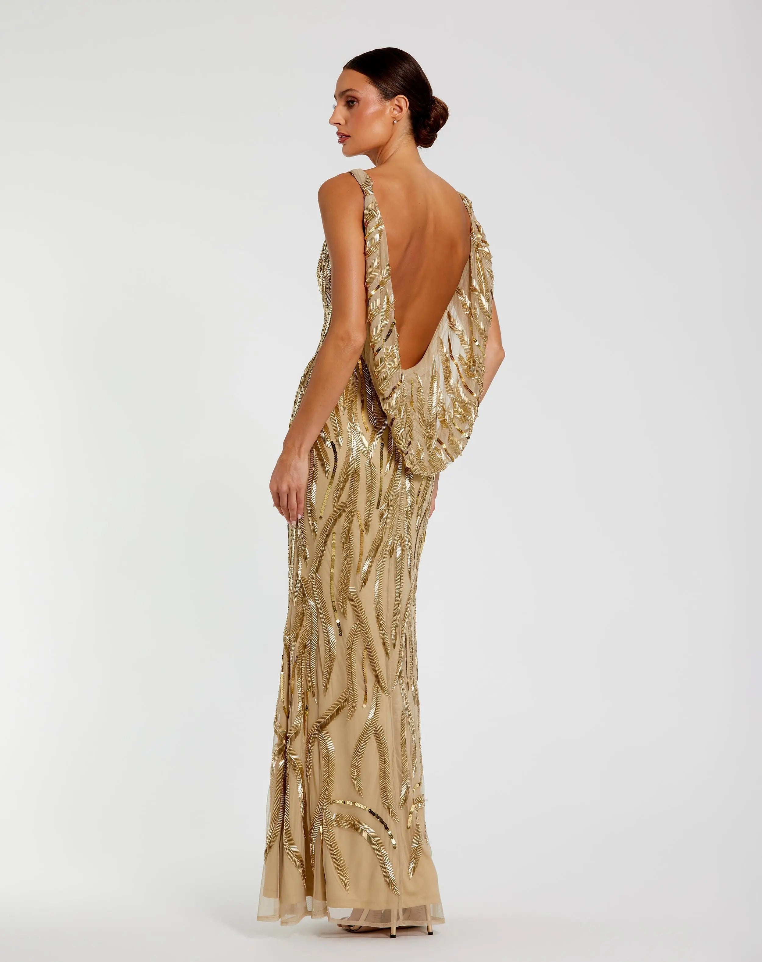 Gold Embellished Mesh Sleeveless High Neck Fitted Gown