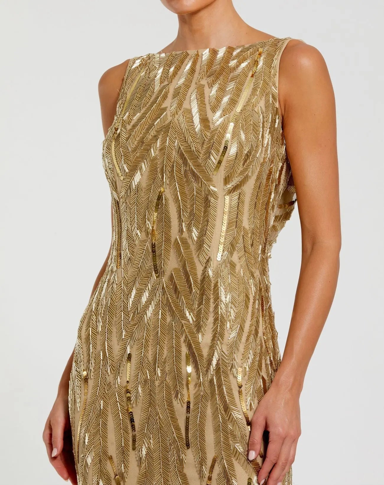 Gold Embellished Mesh Sleeveless High Neck Fitted Gown