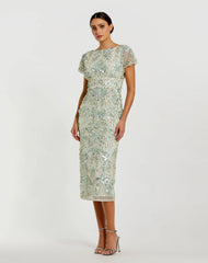 Green Embellished Mesh Fitted Cap Sleeve Cocktail Dress