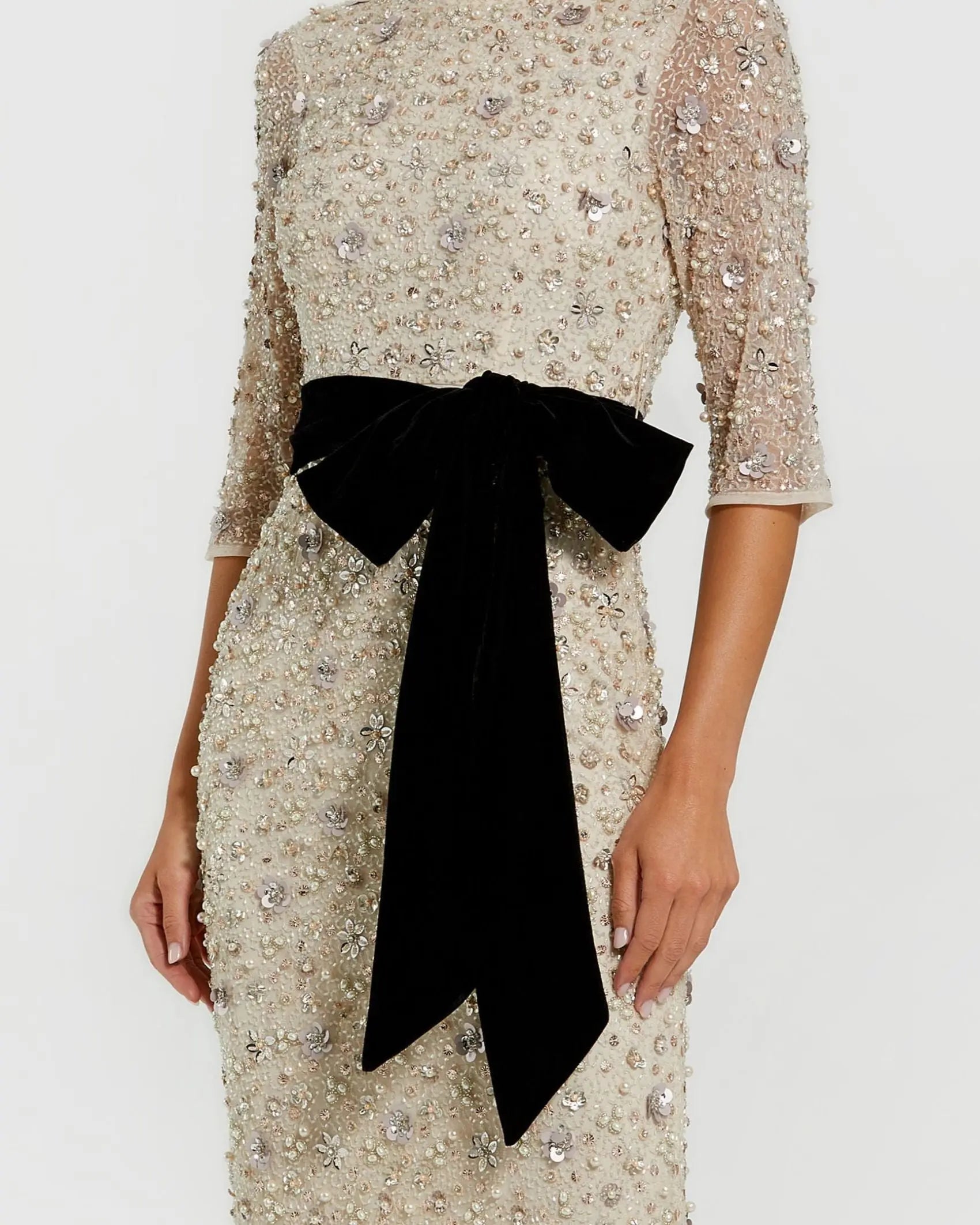 Ivory 3/4 Sleeve Embellished Column Gown with Velvet Bow Belt