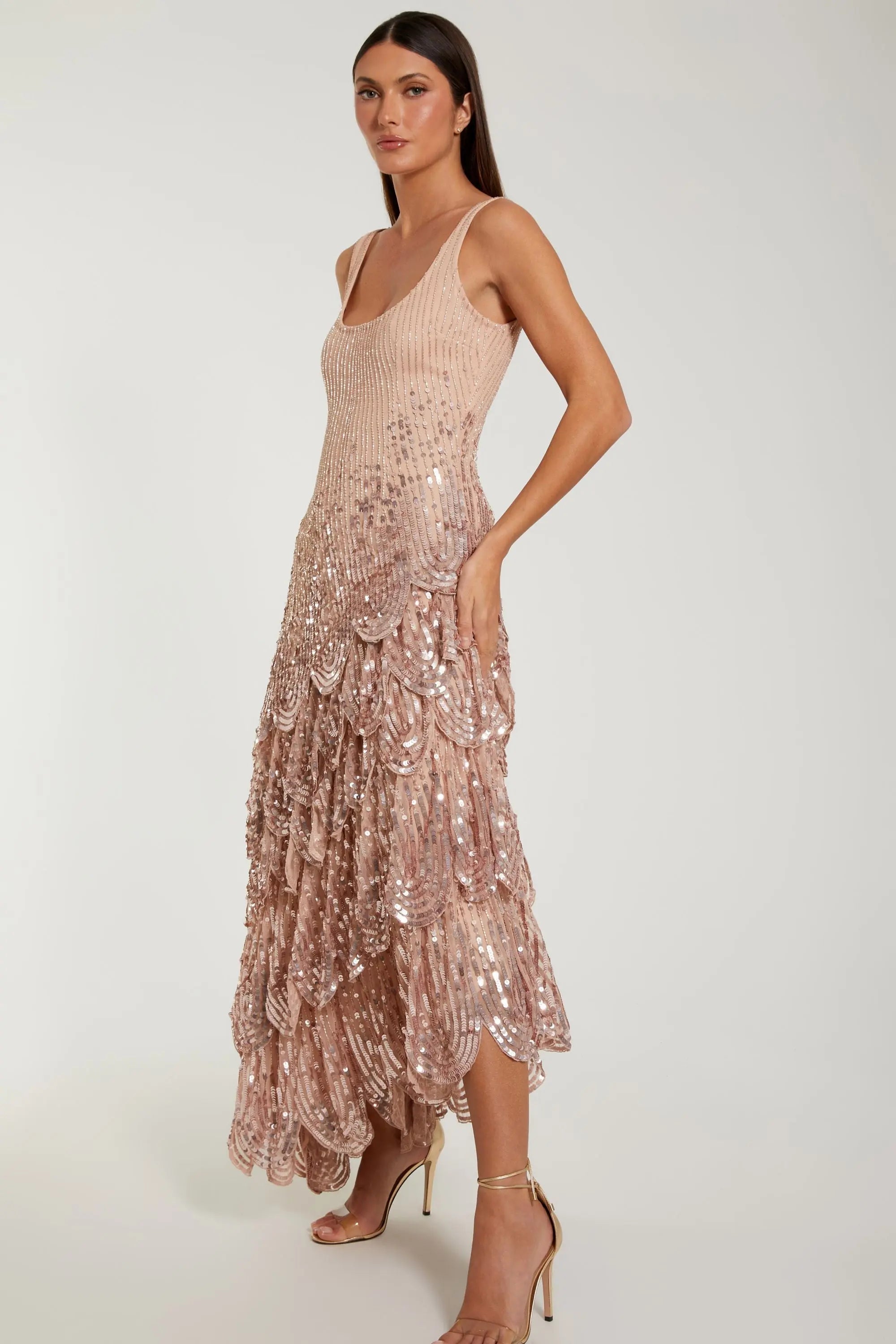 Pink Asymmetrical Scallop Hem Embellished Dress