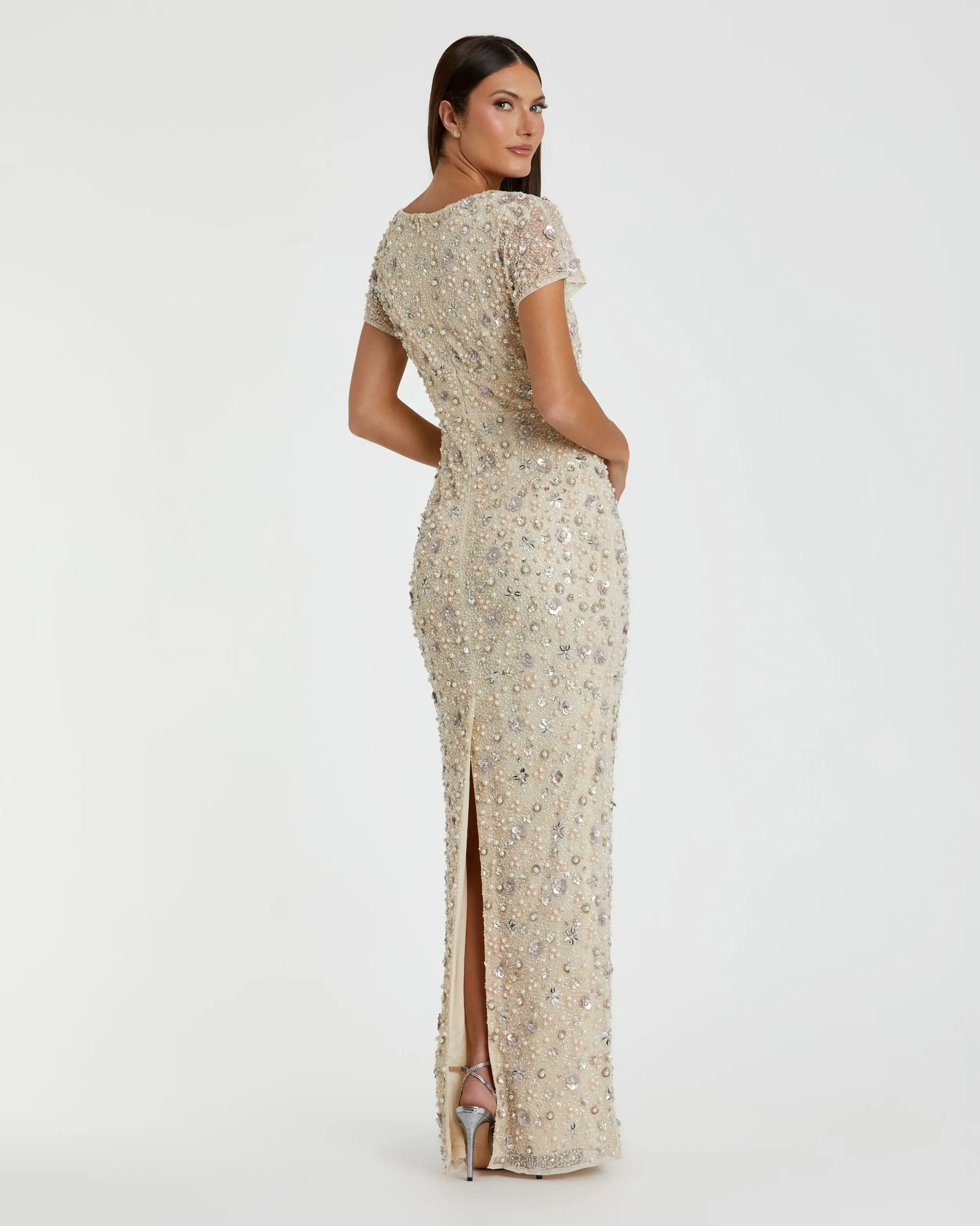 Ivory Floral Embellished Mesh Fitted Column Gown