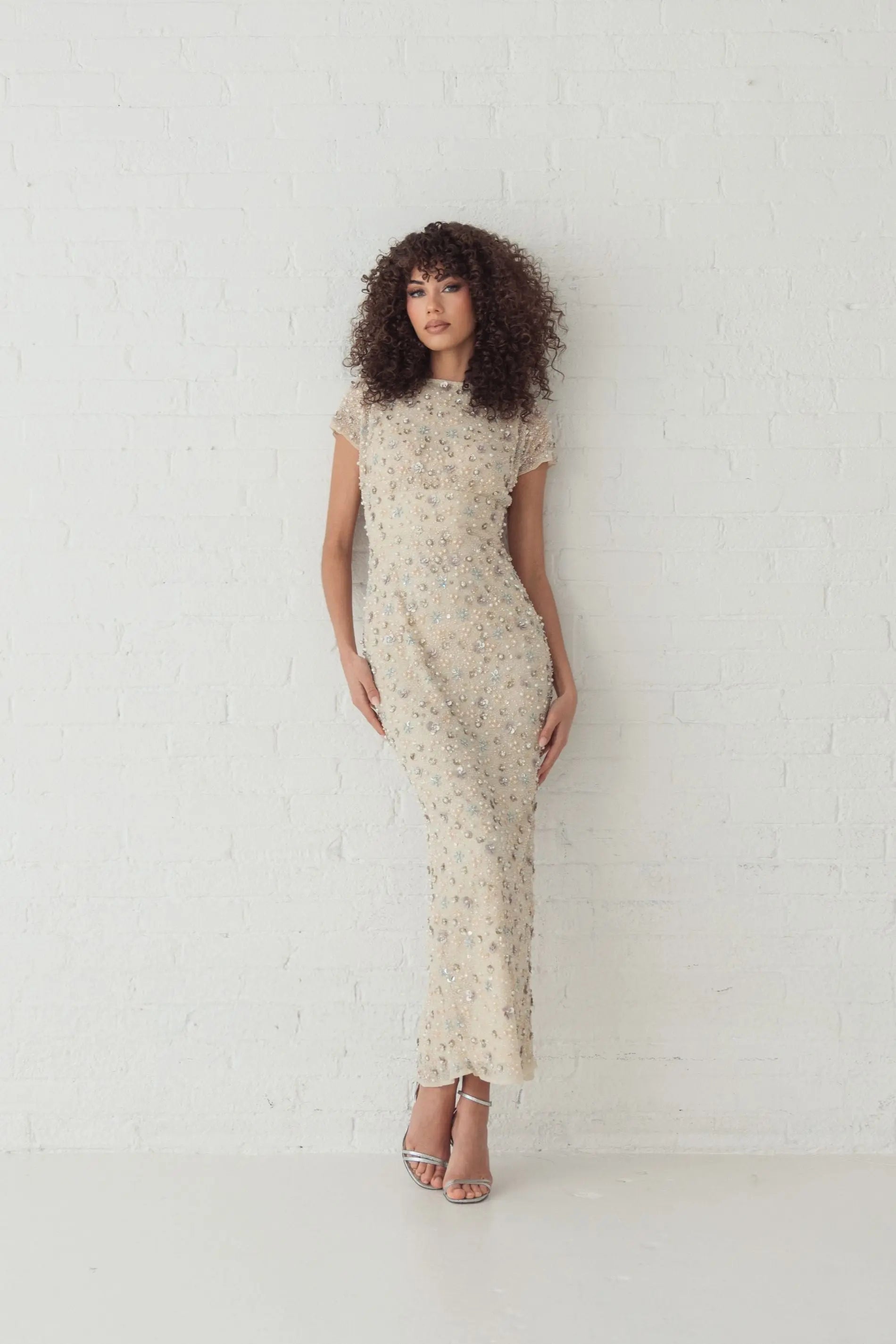 Ivory Floral Embellished Mesh Fitted Column Gown
