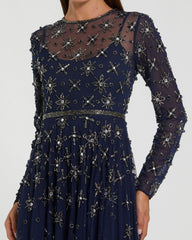 Navy Long Sleeve Crystal Embellished Evening Gown