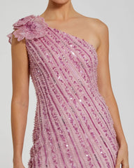 Pink One Shoulder Beaded Mesh Dress With Flower