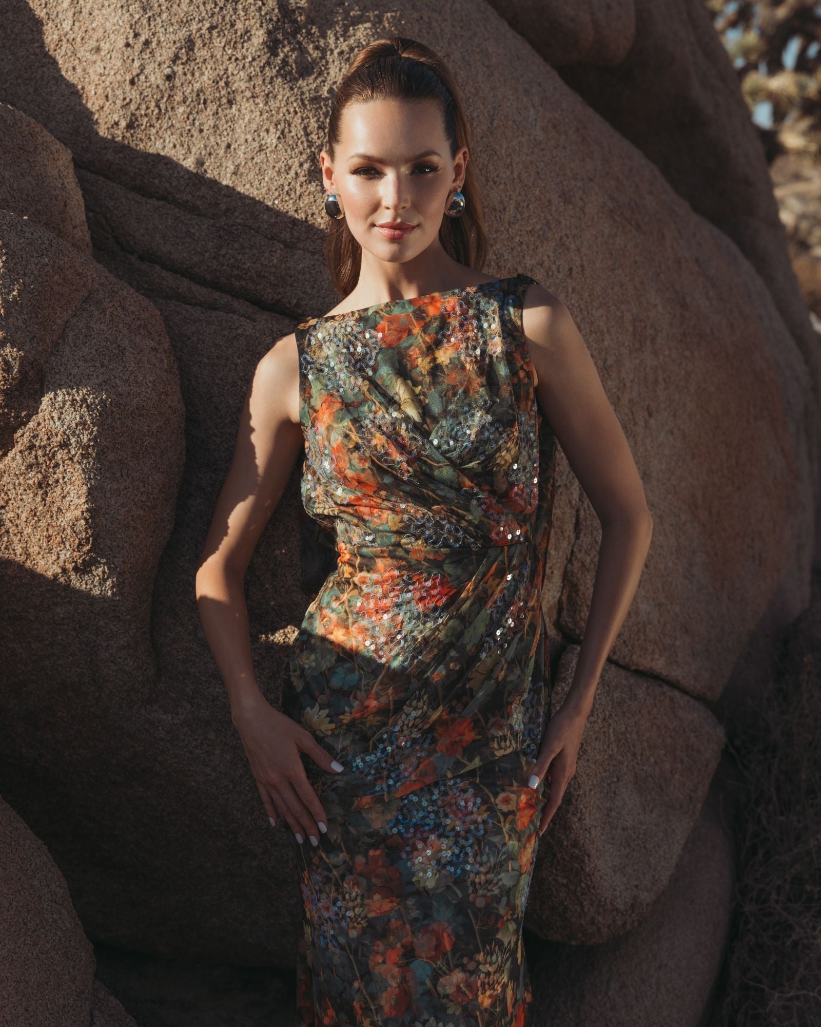 Multicolor Floral Embellished Column Gown