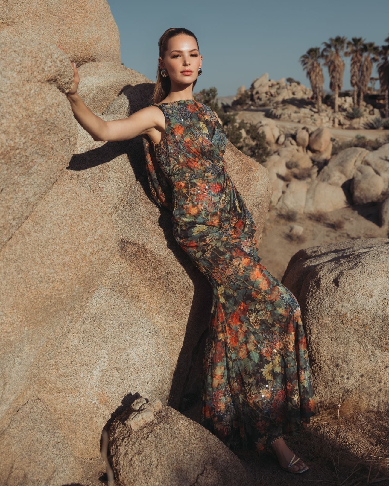 Multicolor Floral Embellished Column Gown