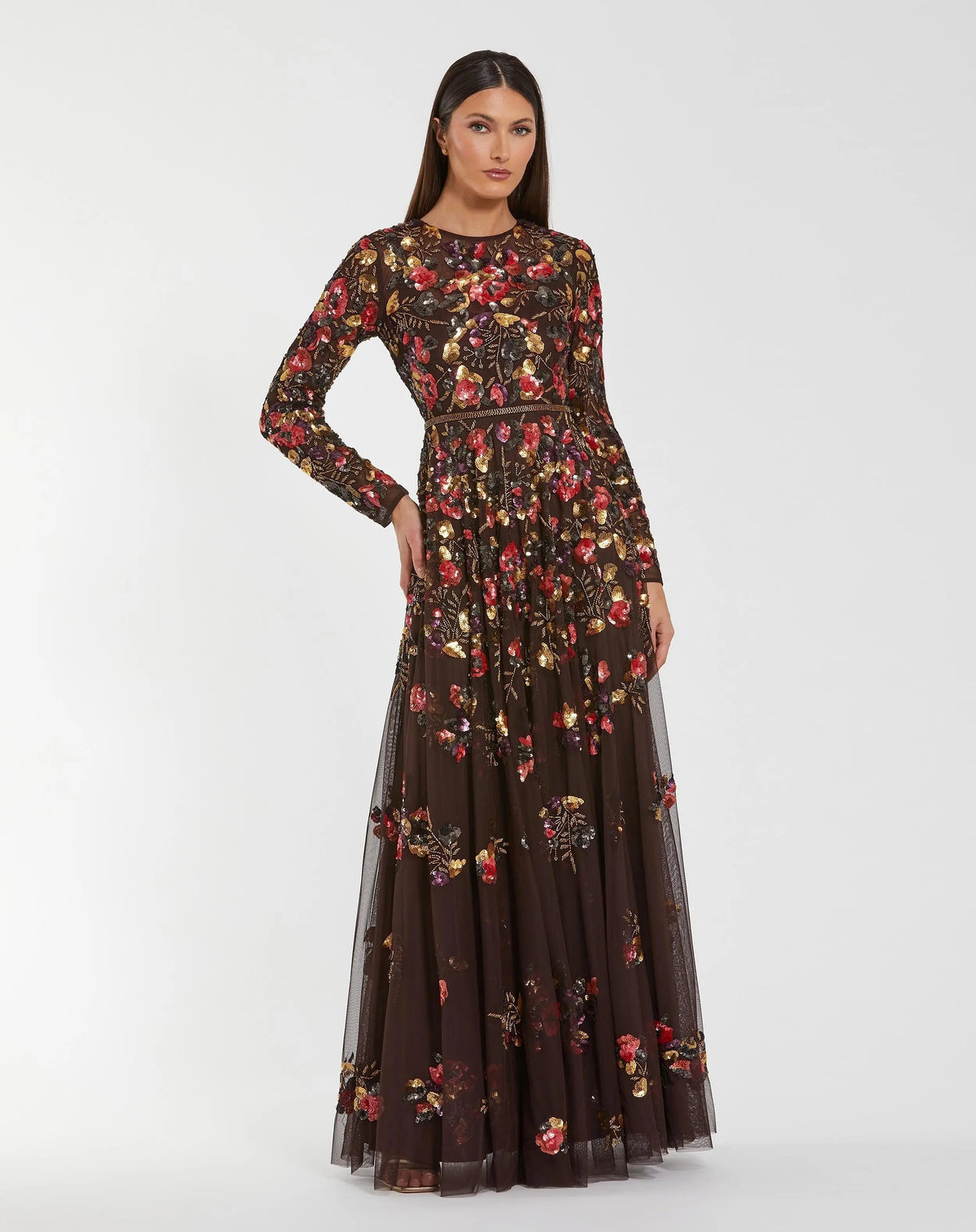Brown Long Sleeve Floral Embellished Evening Gown