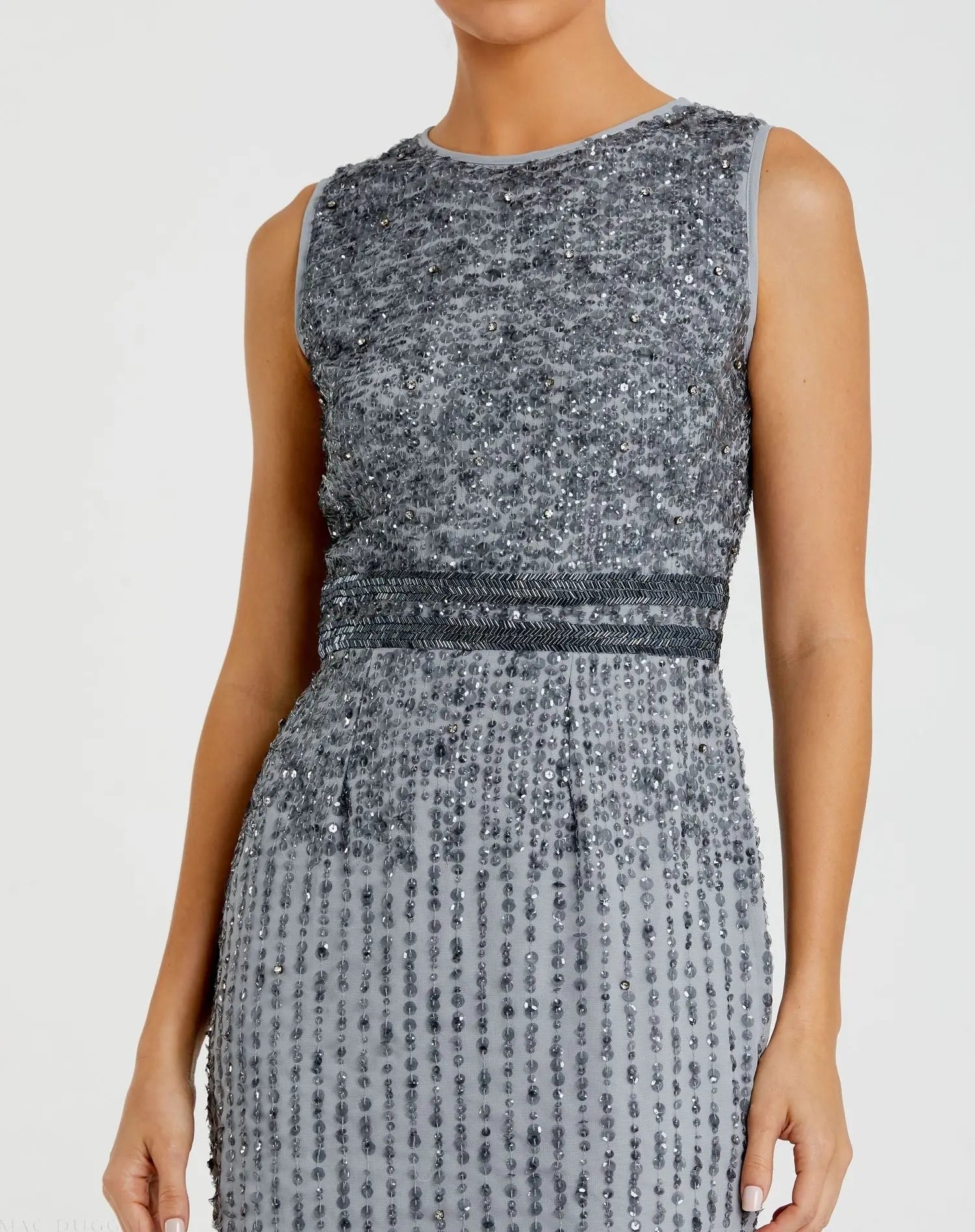 Gray Sleeveless High Neck Beaded Midi Sheath Dress