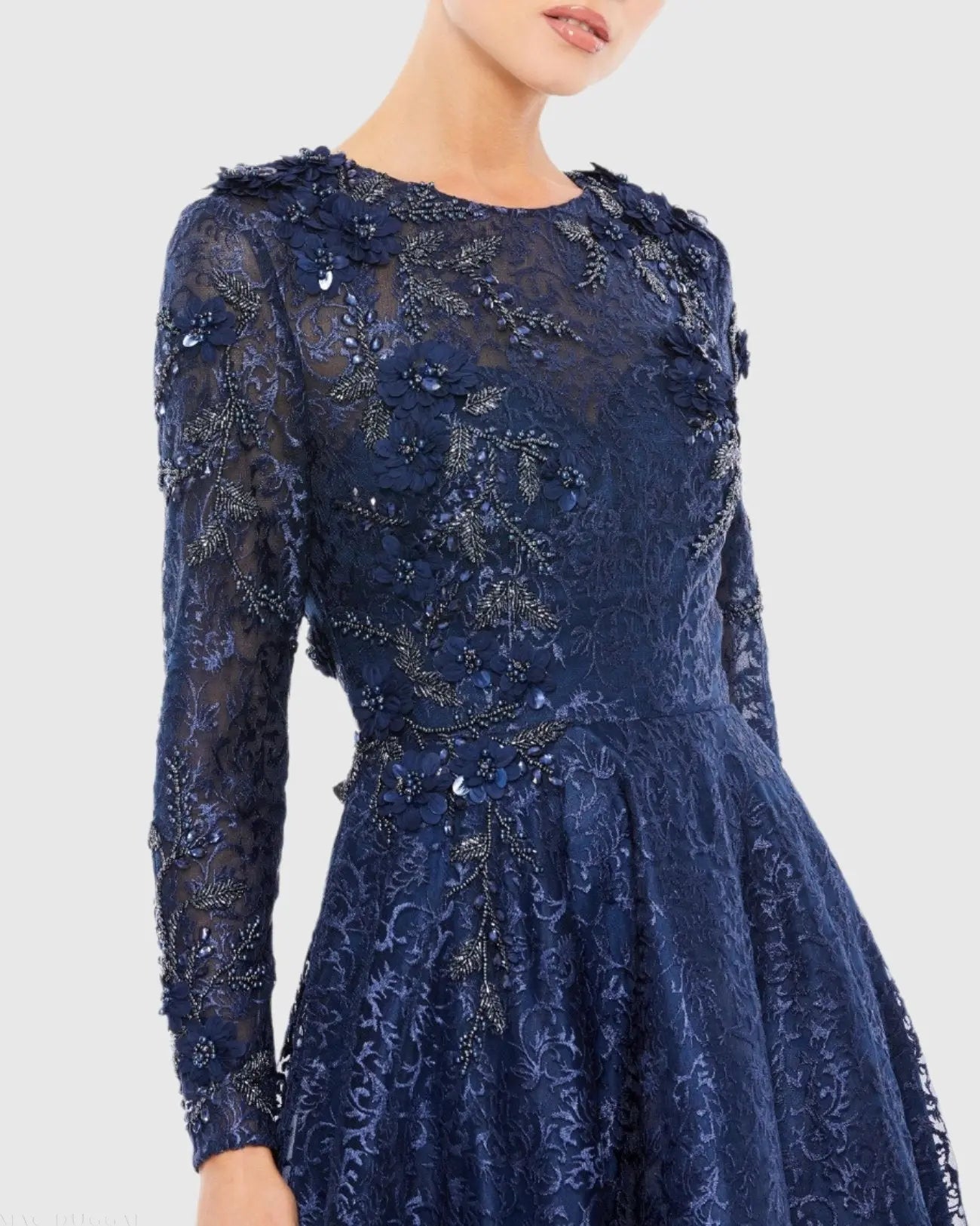 Navy Embellished Illusion Long Sleeve A Line Gown