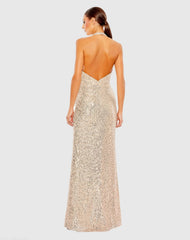 Gold Sequined Halter Strap Plunge Neck Gown