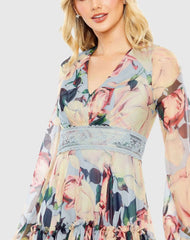Multicolor Floral Puff Sleeve Dress With Embroidered Waist