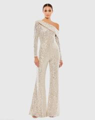 Silver Sequined Drop Shoulder Long Sleeve Jumpsuit