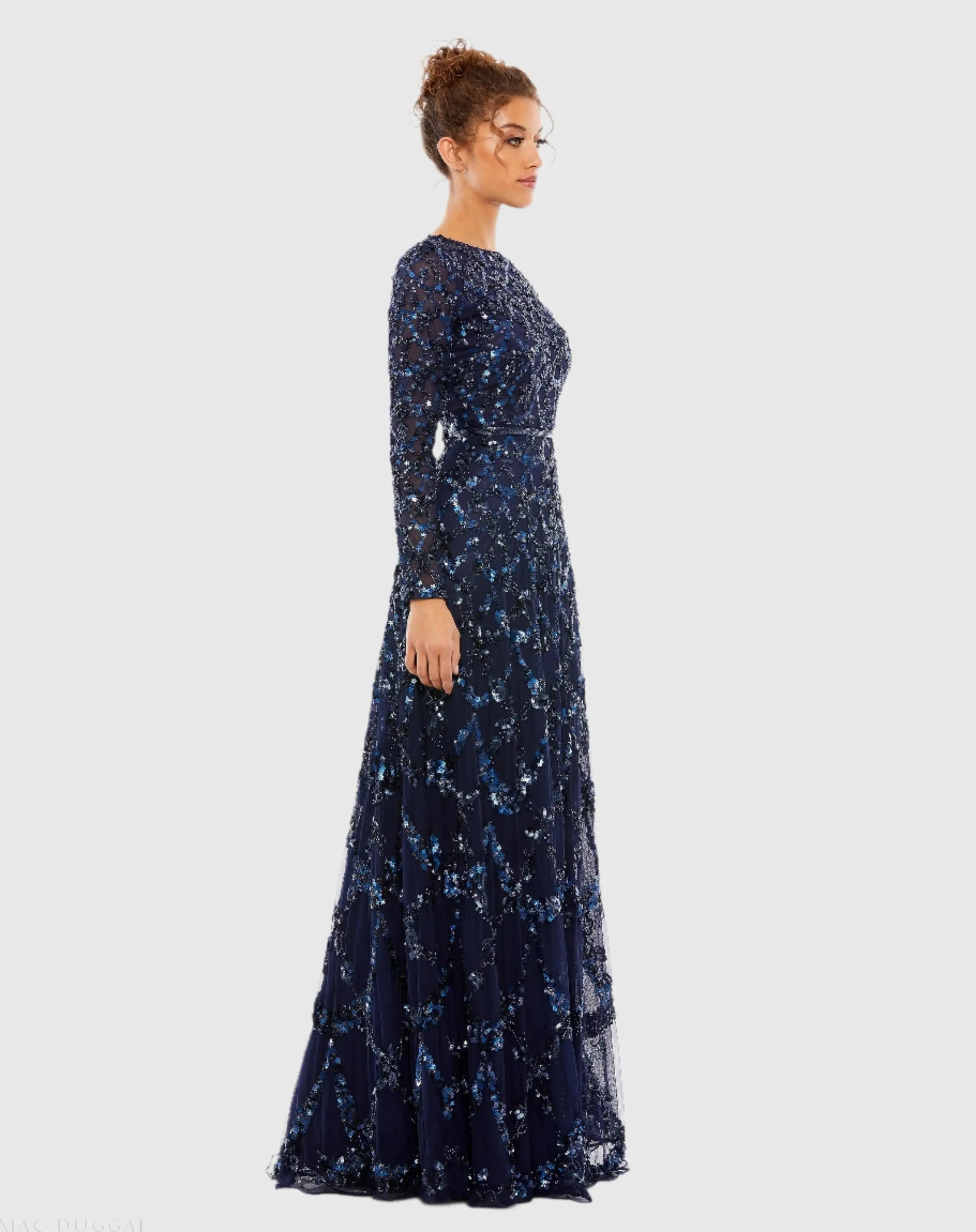 Navy Embellished Illusion High Neck Long Sleeve A Line Gown