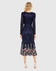 Navy Multicolor Faux Wrap Long Sleeve Tea Length Dress