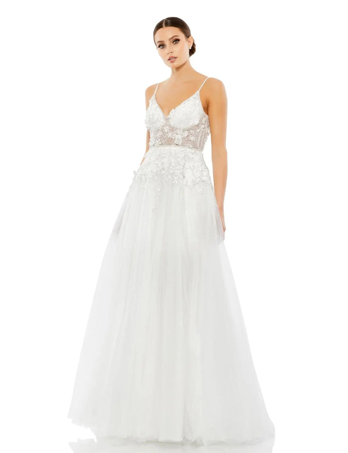 White Applique V Neck Sleeveless Open Back A Line Gown