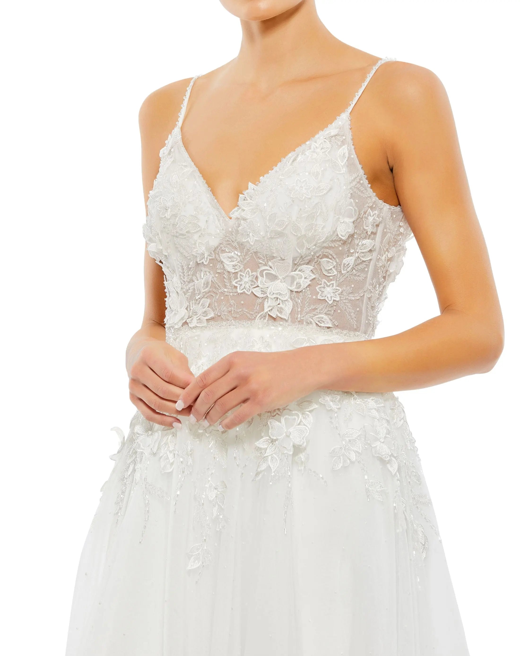 White Applique V Neck Sleeveless Open Back A Line Gown
