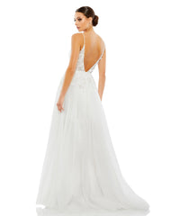 White Applique V Neck Sleeveless Open Back A Line Gown