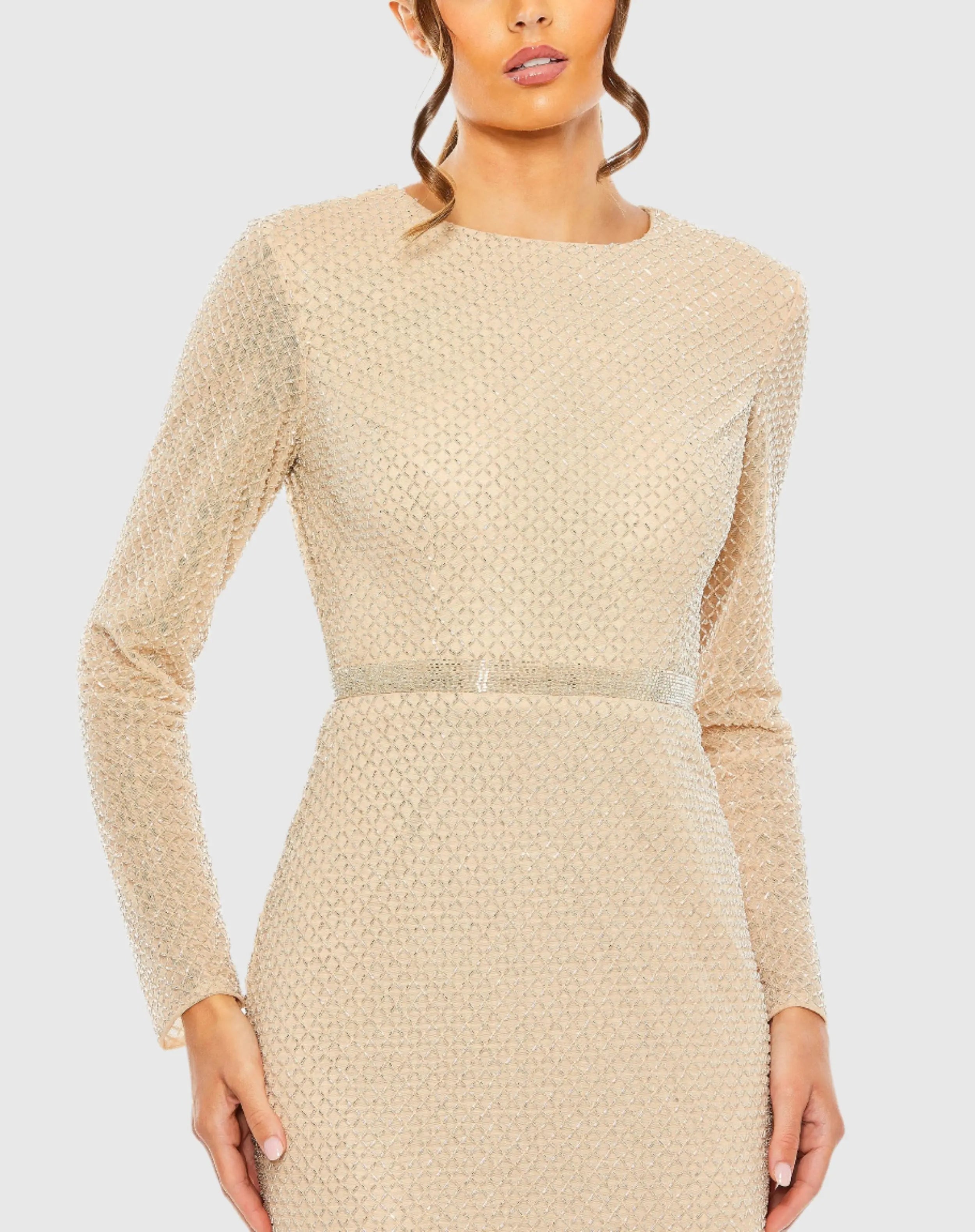 Beige Beaded High Neck Long Sleeve Gown