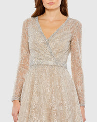 Nude Embellished Wrap Over Long Sleeve Midi Dress