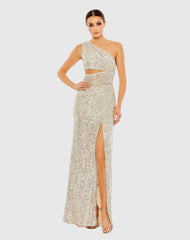 Silver and Beige Sequin One Shoulder Cut Out Gown