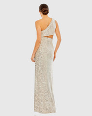 Silver and Beige Sequin One Shoulder Cut Out Gown