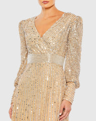 Beige Sequined Wrap Over Bishop Sleeve Gown