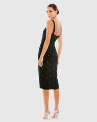 Black Sleeveless Rhinestone Encrusted Square Neck Midi Dress