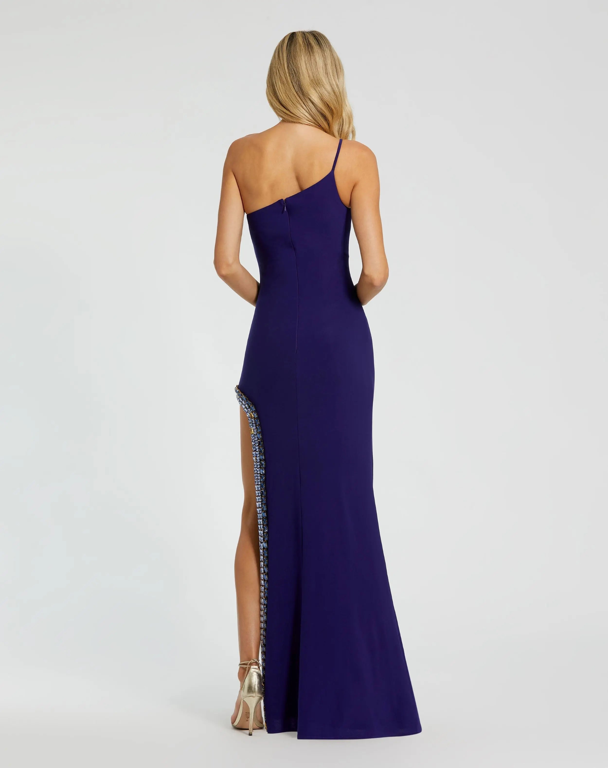 Blue One Shoulder Gown with Embellished Slit