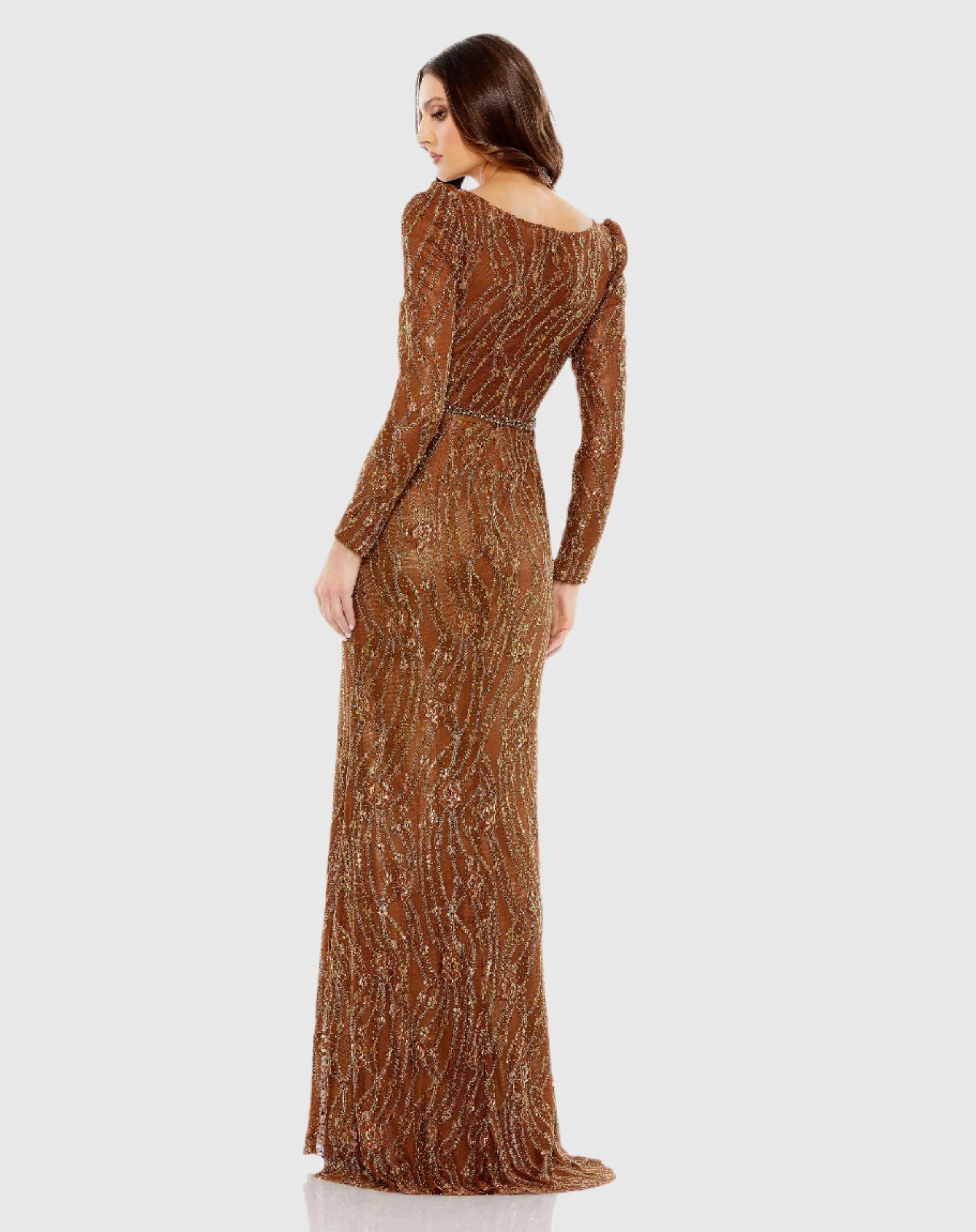 Brown Embellished Long Sleeve Plunge Trumpet Gown - FINAL SALE