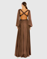 Brown Long Sleeve Charmeuse Cut Out Gown