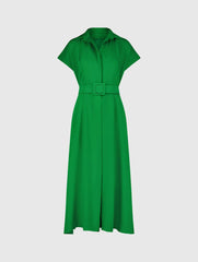 Green Crepe Collared Short Sleeve Midi Dress With Belt