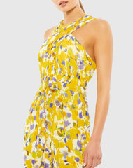 Yellow Crossed Halter Tie Waist Jumpsuit