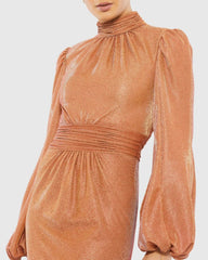 Orange Glitter High Neck Puff Sleeve Trumpet Gown