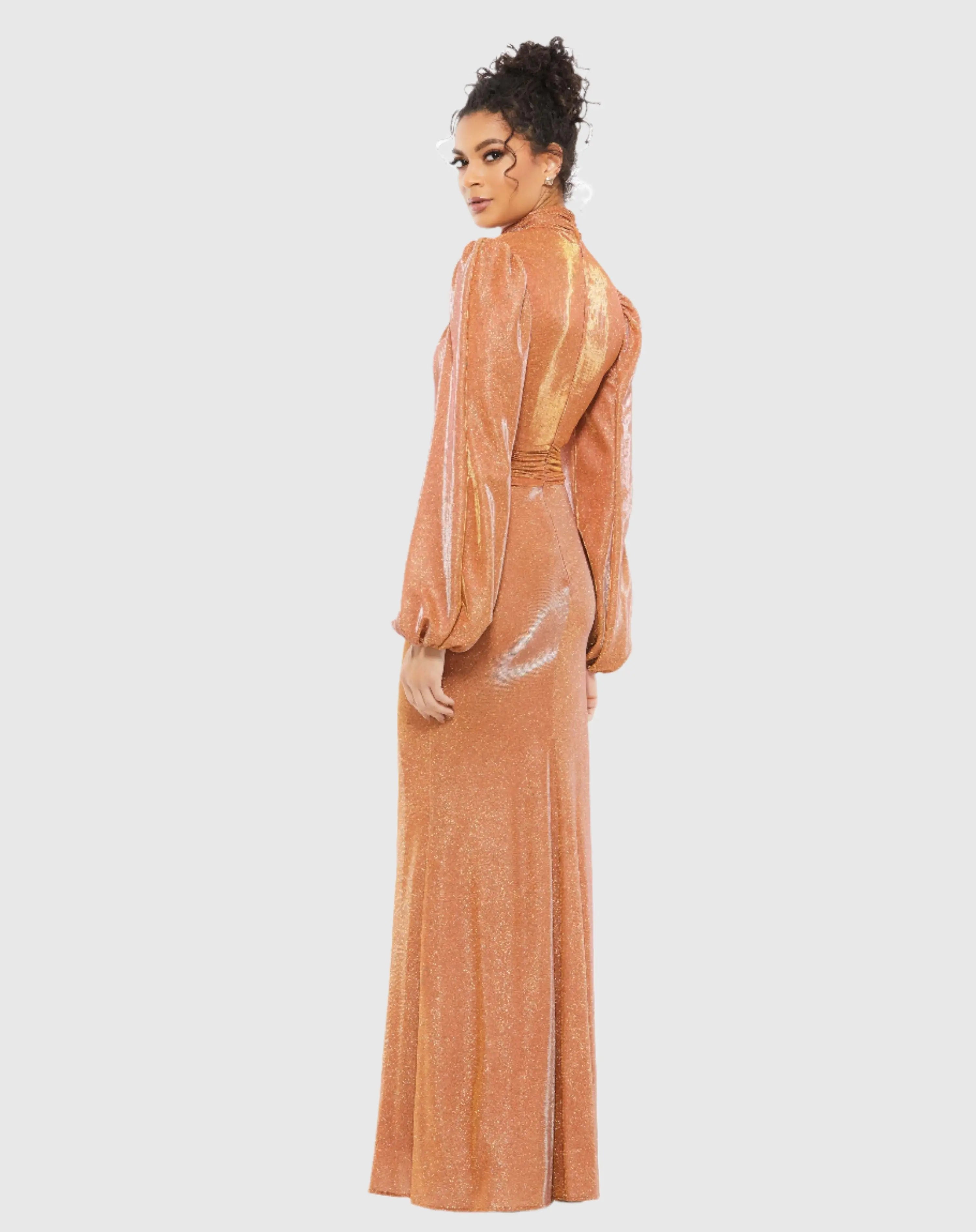 Orange Glitter High Neck Puff Sleeve Trumpet Gown