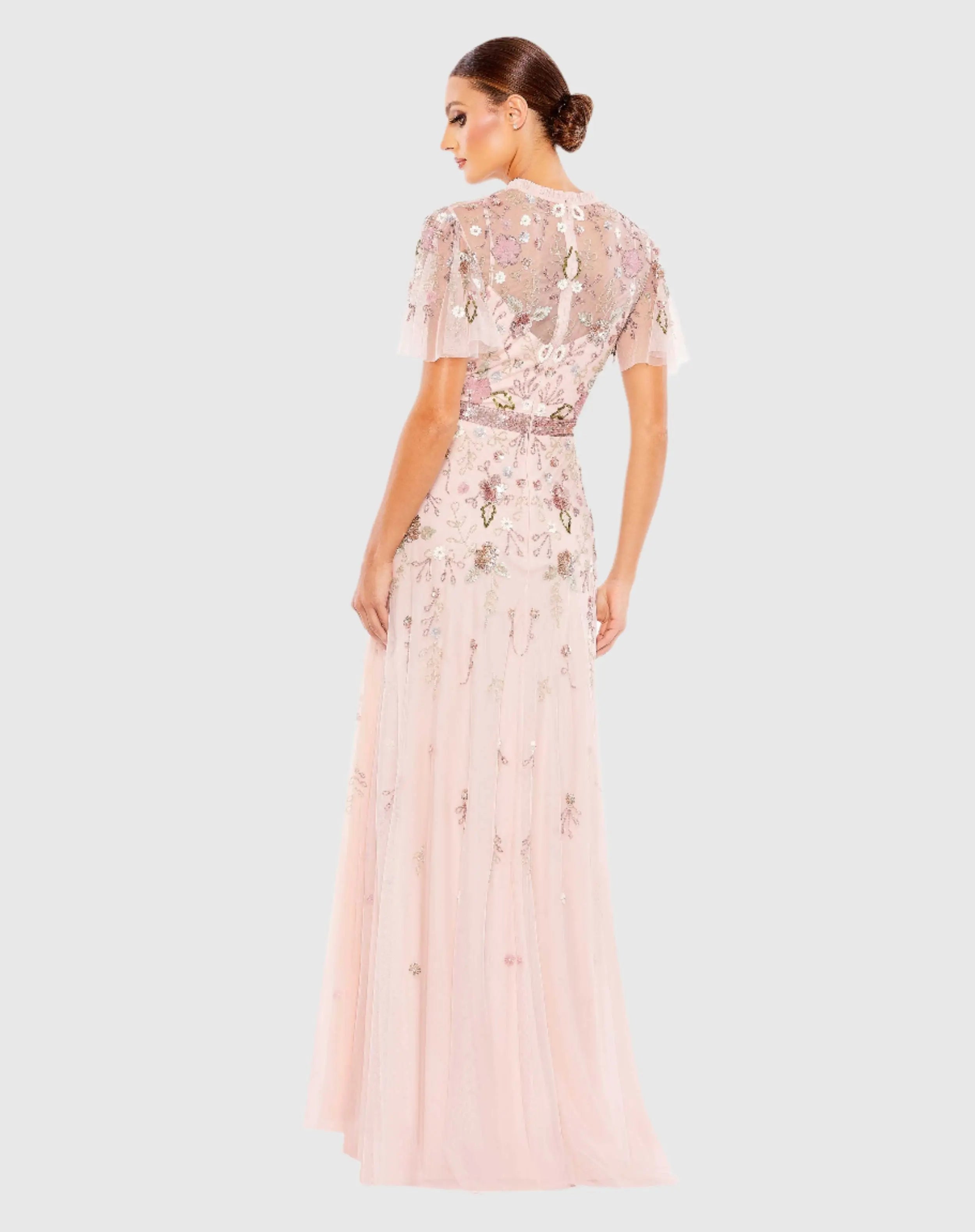 Pink Embellished High Neck Butterfly Sleeve Gown