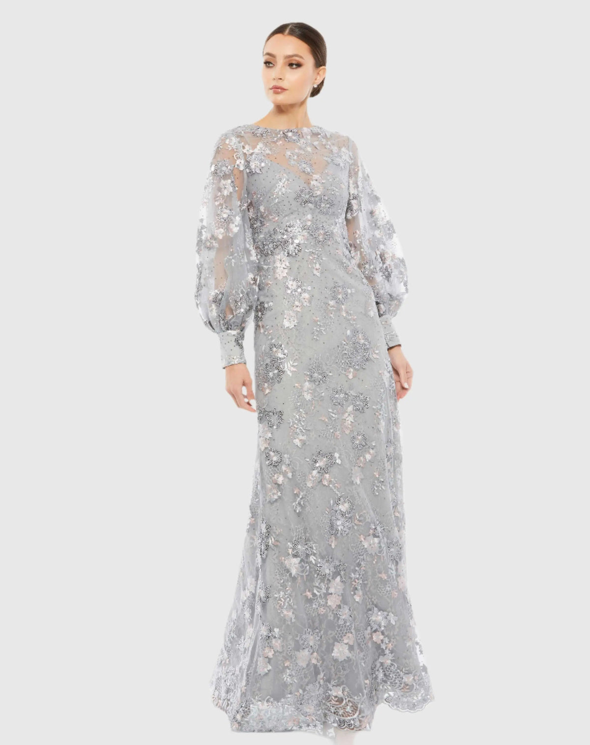 Gray Embellished Illusion High Neck Bishop Sleeve Gown