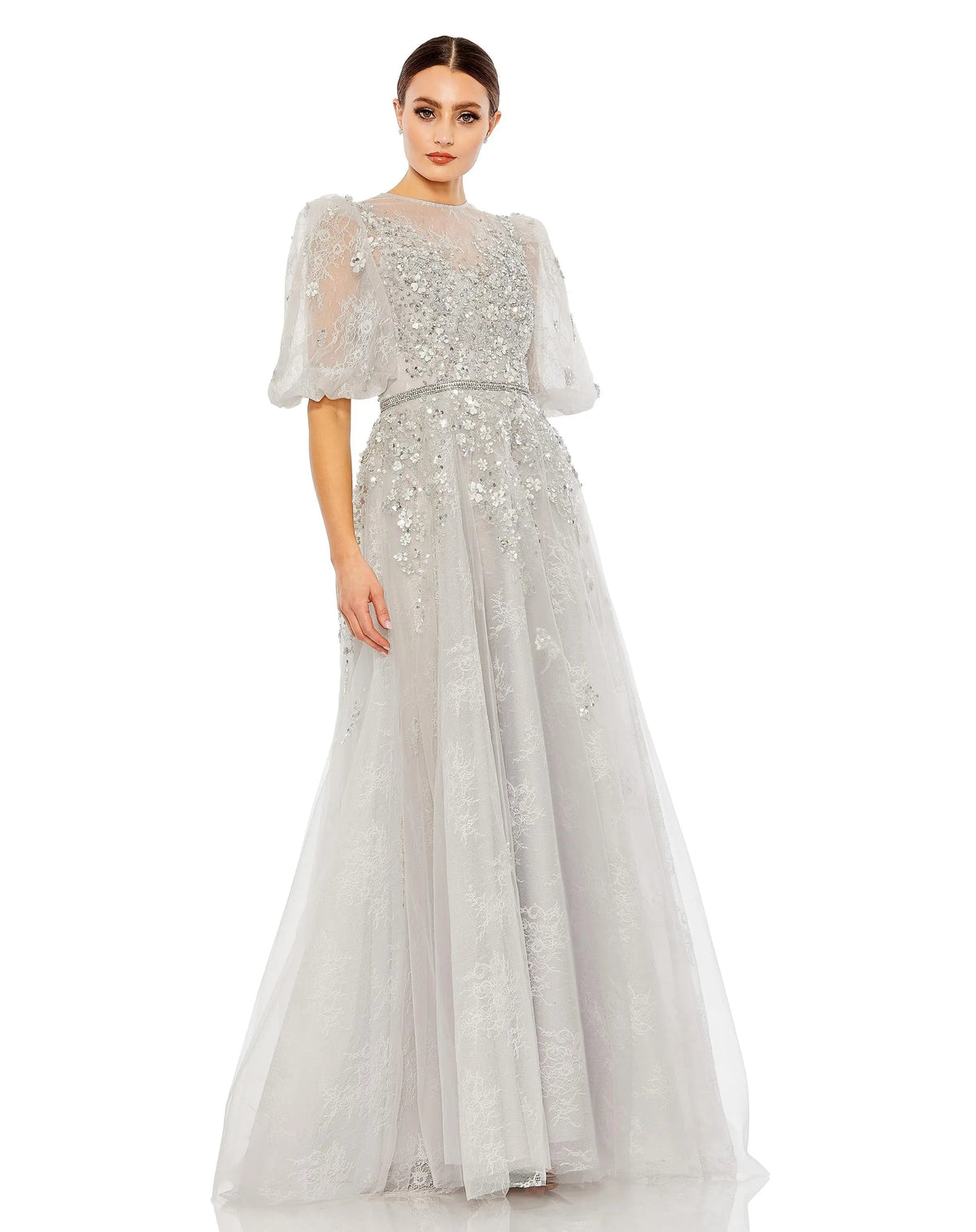 Gray Embellished Puff Sleeve A Line Gown