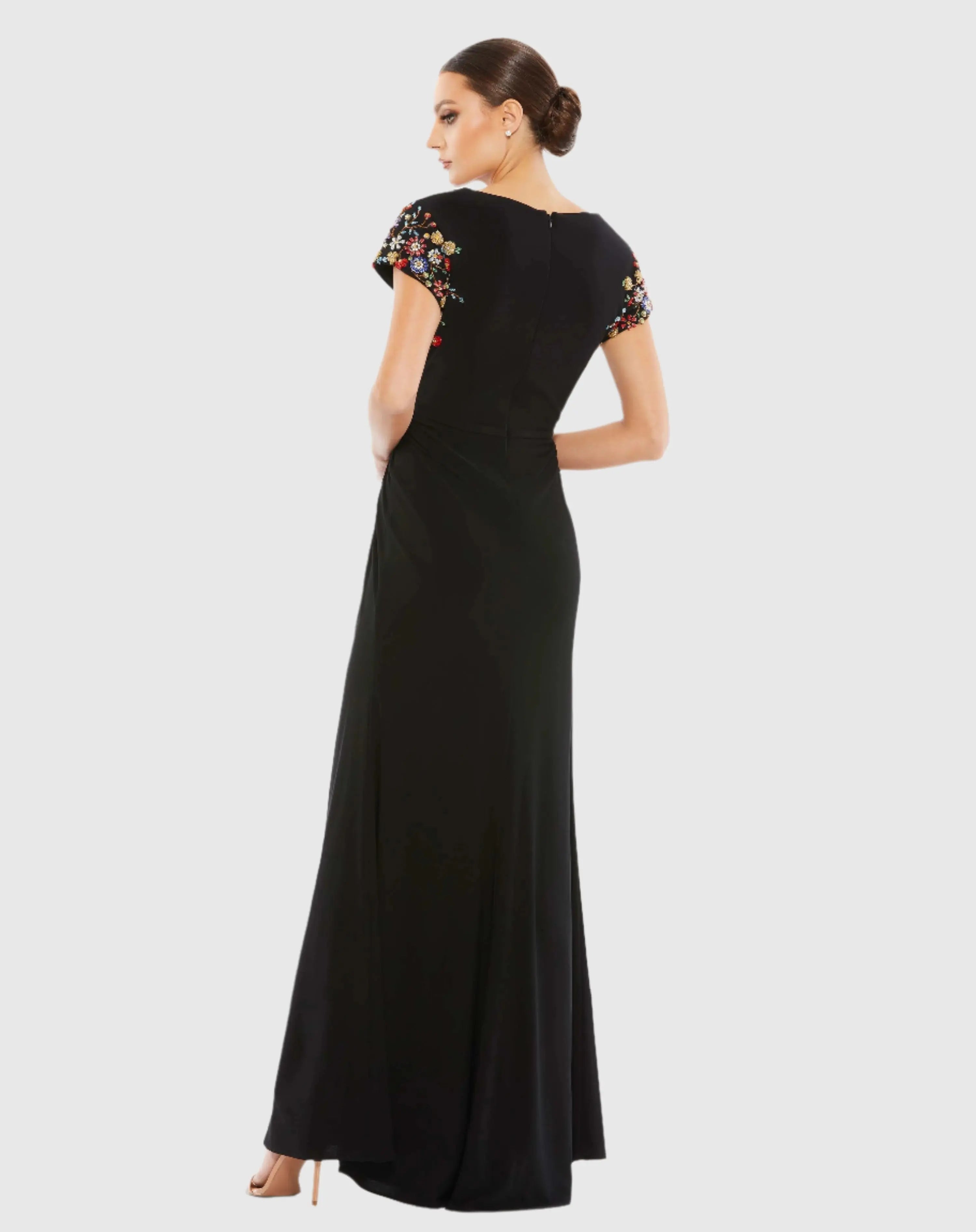 Black Embellished Sleeve Jersey Wrap Gown