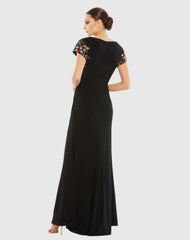Black Embellished Sleeve Jersey Wrap Gown