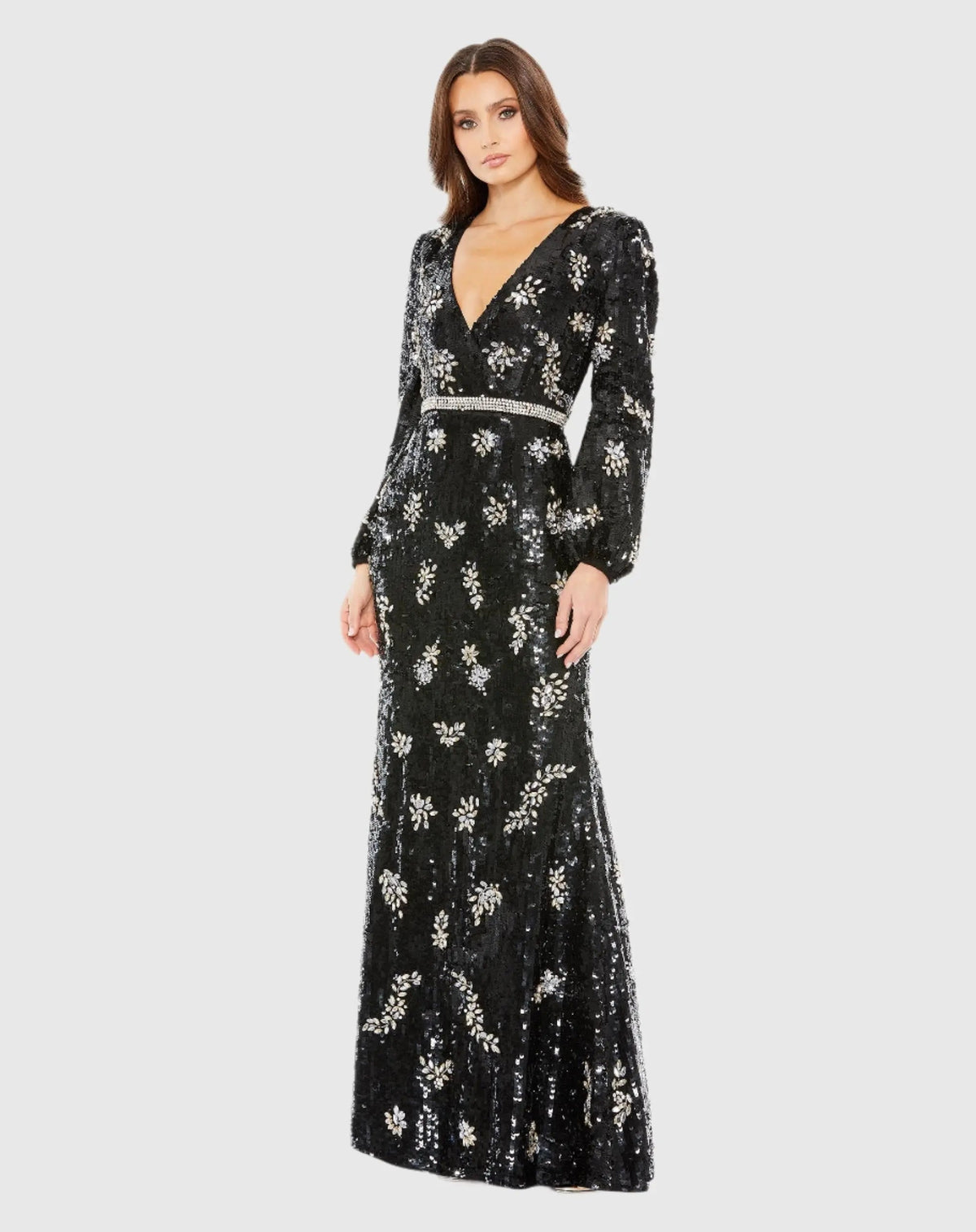 Black Embellished Wrap Over Bishop Sleeve Gown