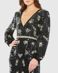 Black Embellished Wrap Over Bishop Sleeve Gown