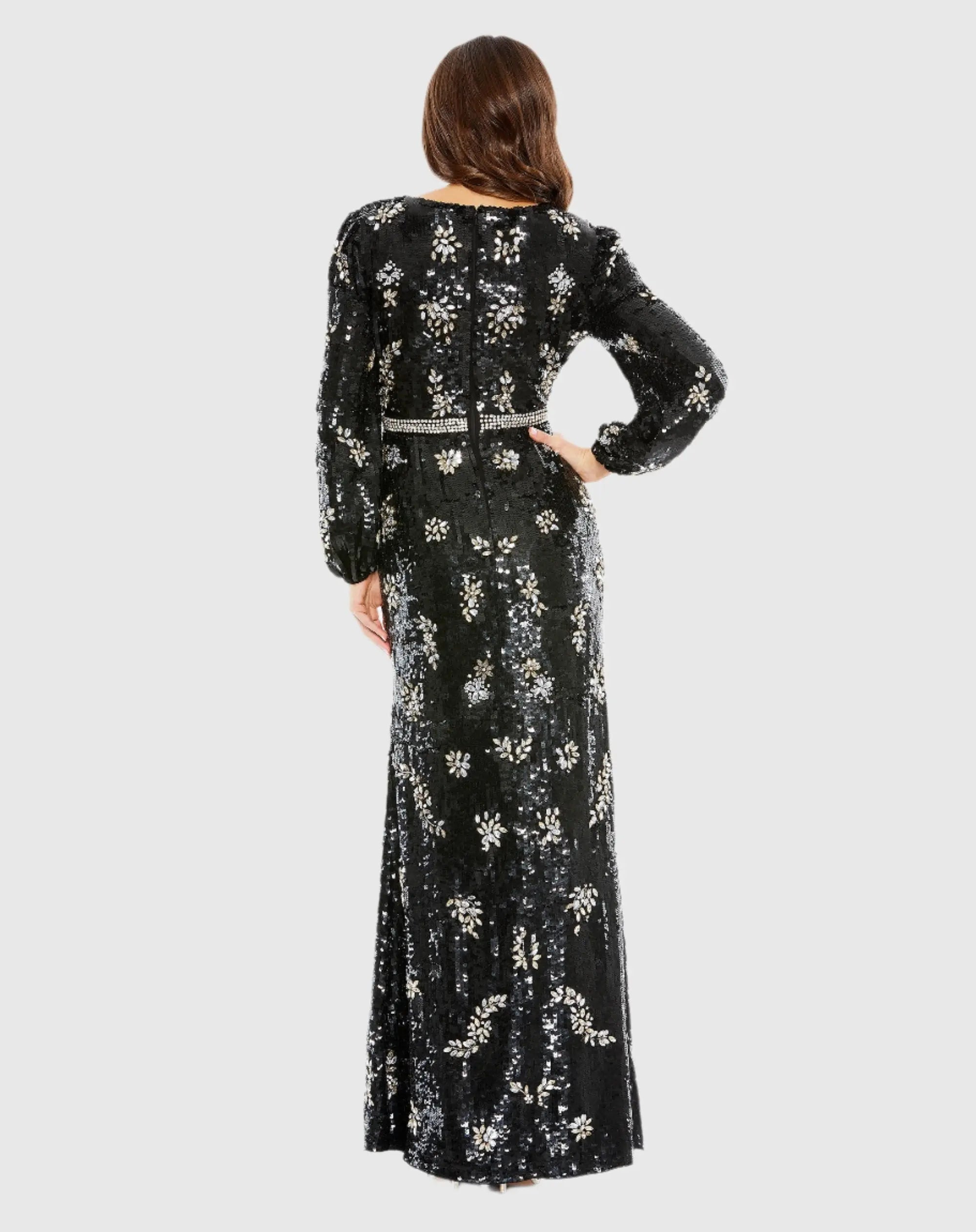 Black Embellished Wrap Over Bishop Sleeve Gown