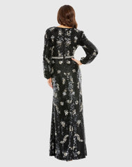 Black Embellished Wrap Over Bishop Sleeve Gown