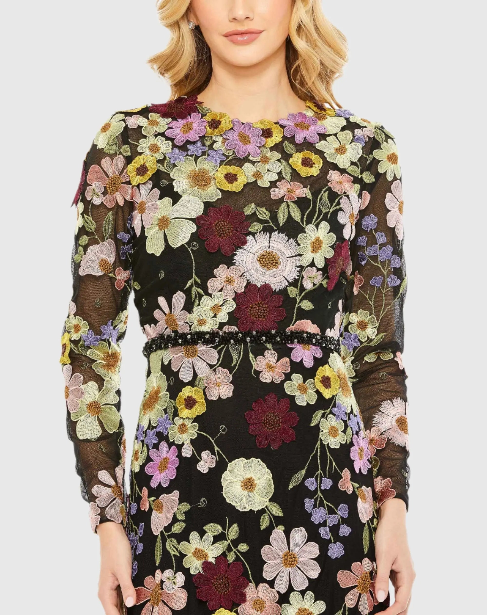 Black Embroidered Applique High Neck Long Sleeve Trumpet Gown - FINAL SALE