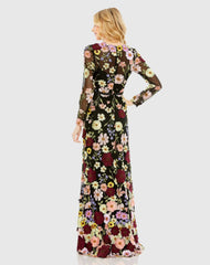 Black Embroidered Applique High Neck Long Sleeve Trumpet Gown - FINAL SALE