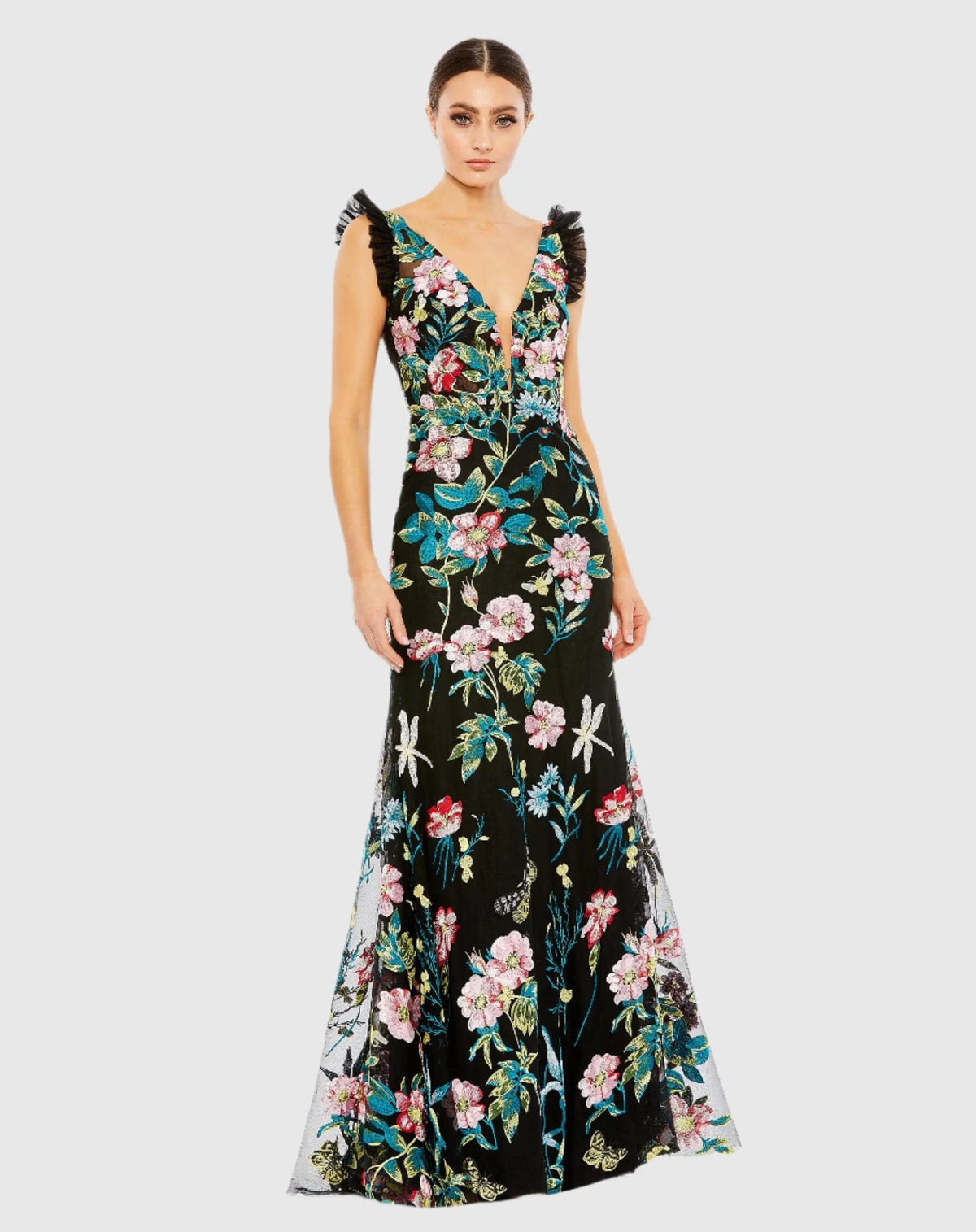 Black Embroidered Floral Plunge Neck Trumpet Gown