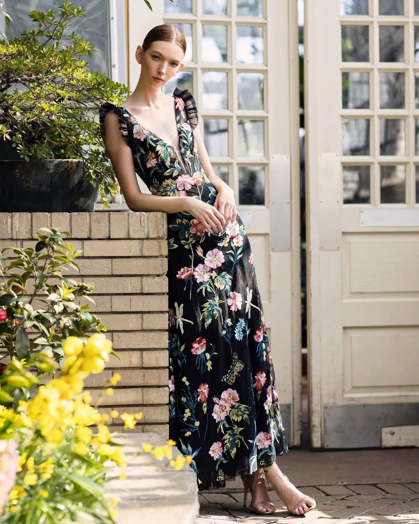 Black Embroidered Floral Plunge Neck Trumpet Gown